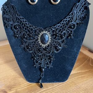 Gothic Earrings & Choker Necklace Embroidered Beaded Black Gems Lace